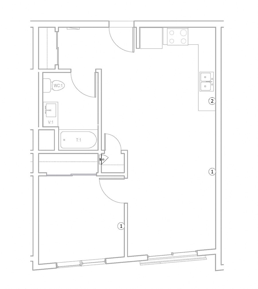 One bedroom floor plan  l The Meridian Apartments in Los Angeles, CA